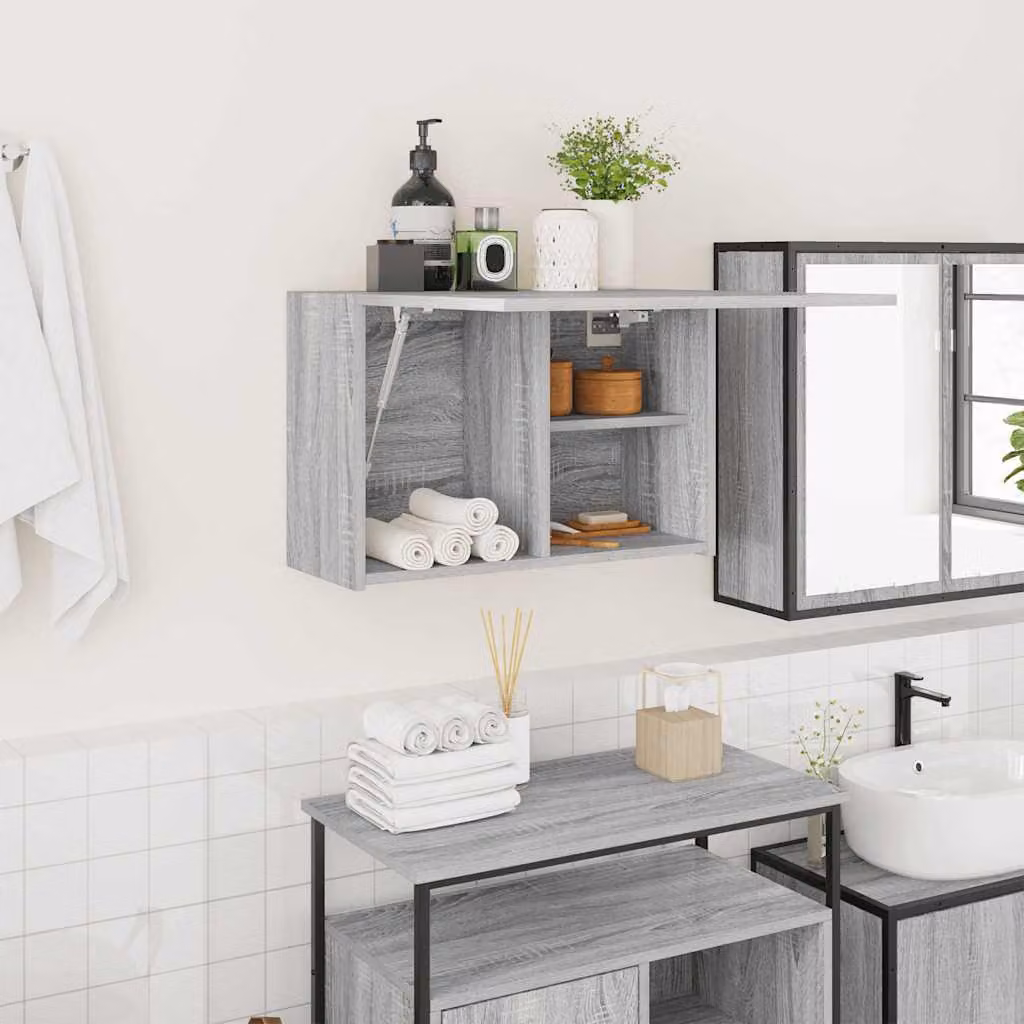 Mobile da bagno vidaXL in legno multistrato e MDF, colore grigio, con ante a cerniera e scaffali interni, sospeso, L 60 x P 25 x H 40 cm