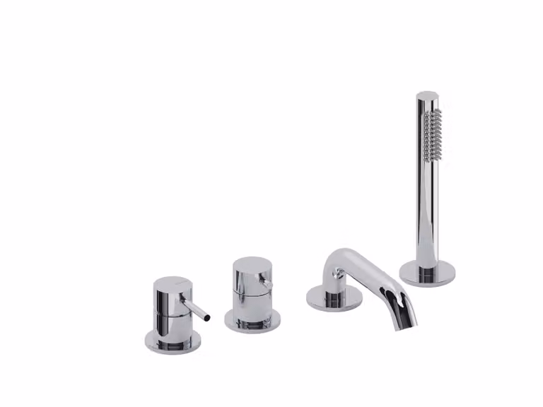 SANYCCES LOOP Rubinetteria da bordo vasca a 4 fori con deviatore, bocchetta vasca, doccetta e flessibile, cromato