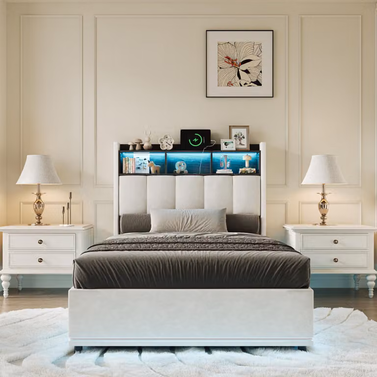 Letto singolo a gas ProximaX 90x200 cm con illuminazione a LED nella parte inferiore e ripiano nella testiera, letto con vano contenitore, bianco