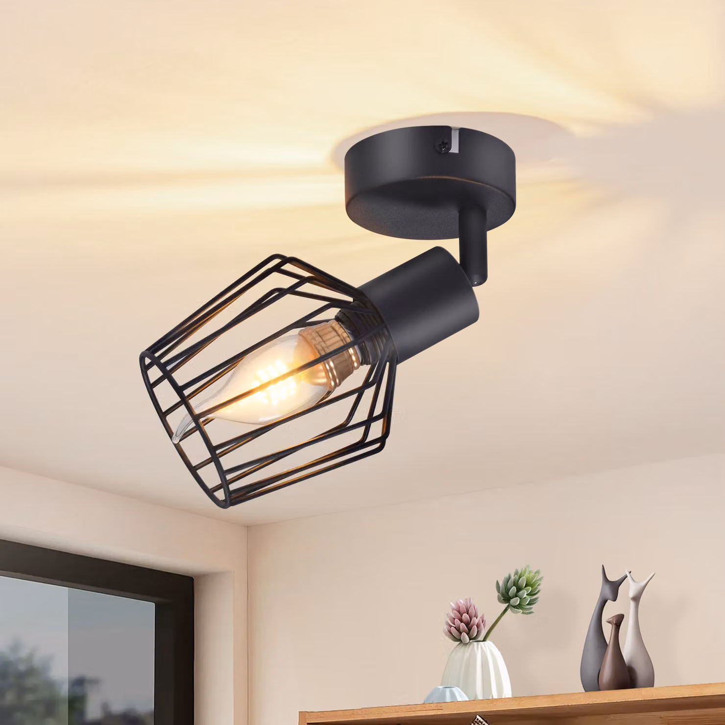 ZMH E14 faretto da soffitto orientabile Faretto da soffitto a 1 fiamma in metallo nero Lampada da corridoio Faretto industriale ruotabile a 350° Faretto da parete Lampada da corridoio Soggiorno