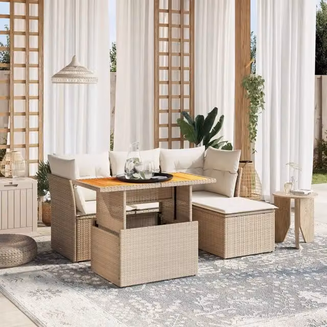 Set Divano da Giardino a L VIDAXL in Polyrattan Beige con 6 Cuscini Moderno – 1