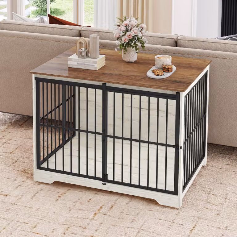 Gabbia per cani da 110 cm, bianca e marrone - 2 porte, una delle quali scorrevole - realizzata in ferro e legno