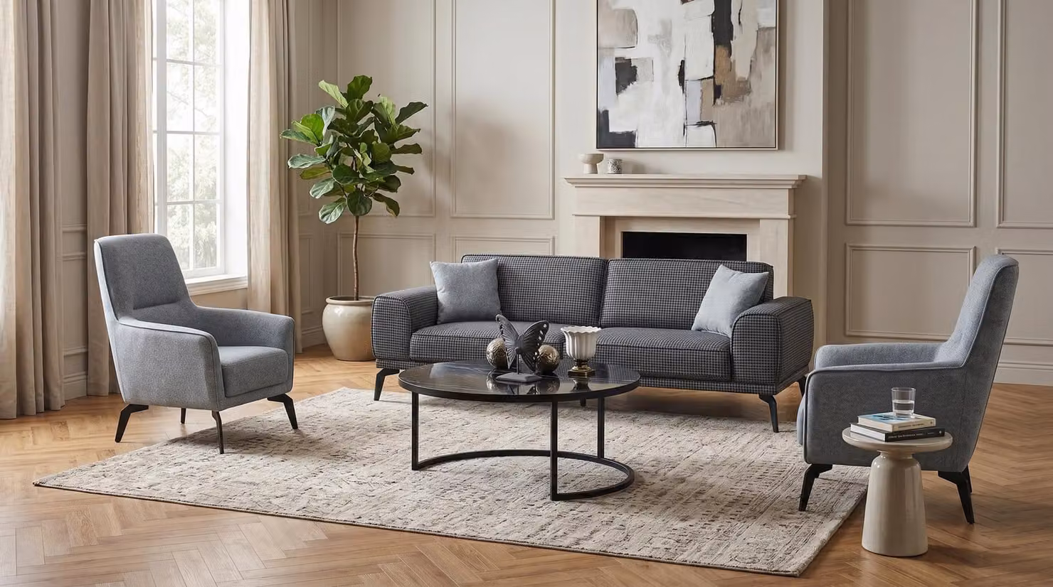 Divano a 3 posti, due poltrone, tavolino da caffè. Design moderno, colore grigio antracite, stile elegante
