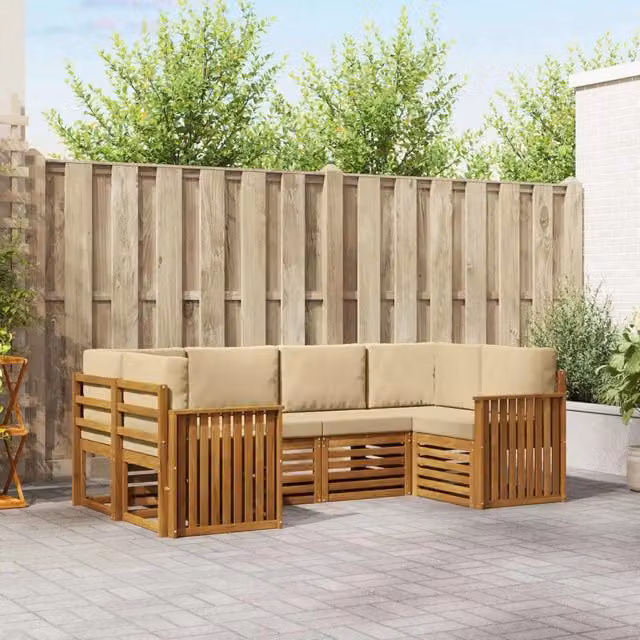 Set di divani da esterno a L vidaXL in legno di acacia con cuscini beige, 6 pezzi