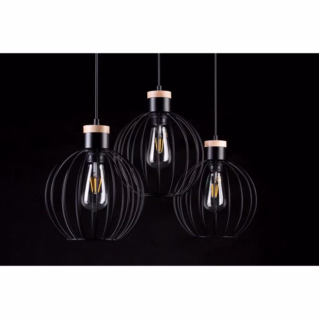 Lampadario a soffitto Luceart-Classic Bueno con 3 luci, paralumi a gabbia in metallo nero e legno naturale, stile industriale – 2