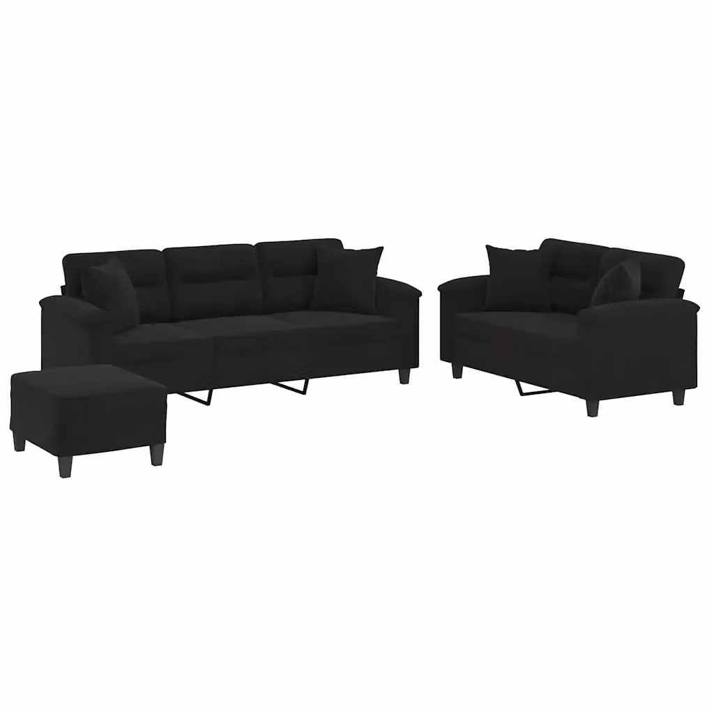 Set di Divani vidaXL 3 Pezzi con Pouf e Cuscini in Microfibra Nera per Soggiorno Moderno – 2