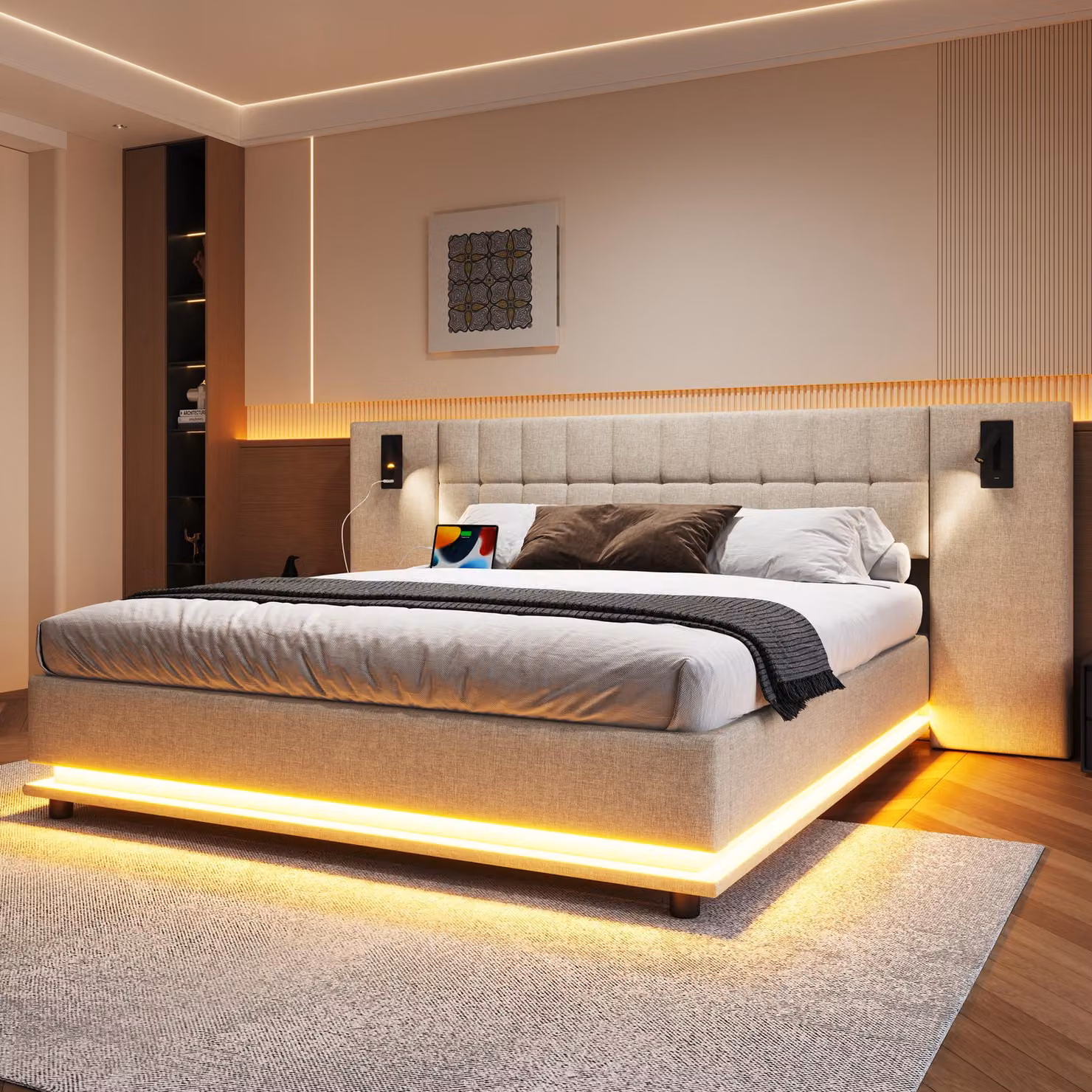 Letto imbottito Sweiko, 180x200cm, con striscia LED, testata con faretto, con USB, senza materasso, lino, beige