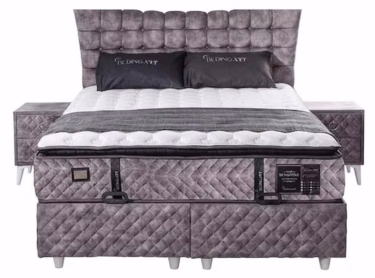 Set completo per camera da letto moderno, con letto imbottito grigio, comodini e letto matrimoniale 180x200 cm