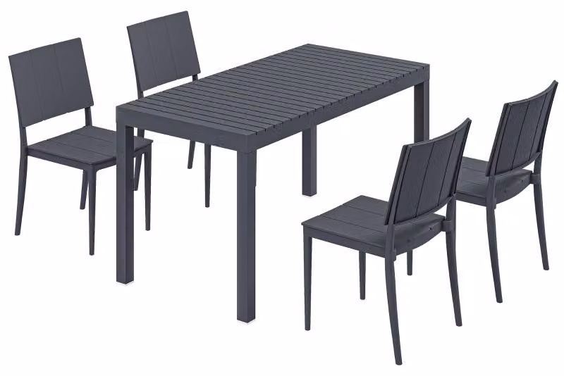 Set di mobili da giardino Moonbite, composto da 5 pezzi per 4 persone, con tavolo e 4 sedie impilabili, piano in lamelle, facile da pulire, sedie resistenti fino a 120 kg, metallo, colore grigio scuro