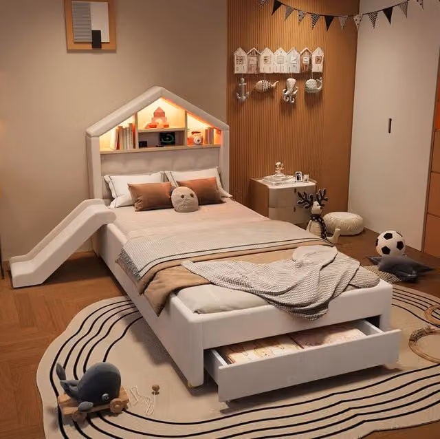 Letto per bambini 90x200 cm imbottito con scivolo, LED e cassetto contenitore beige HAVRYA