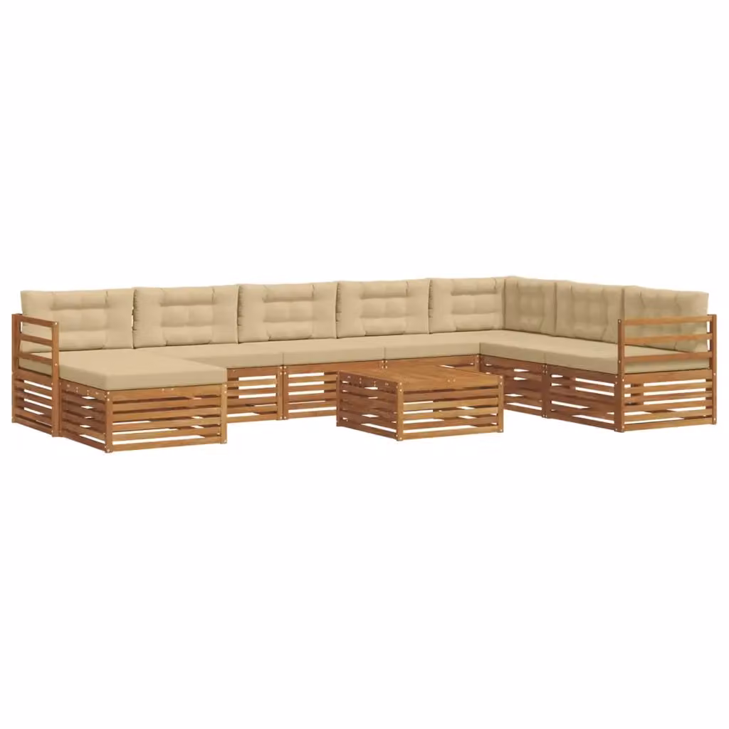 Set di divani da esterno a L vidaXL in legno di acacia con tavolino e pouf, Beige e Marrone – 2