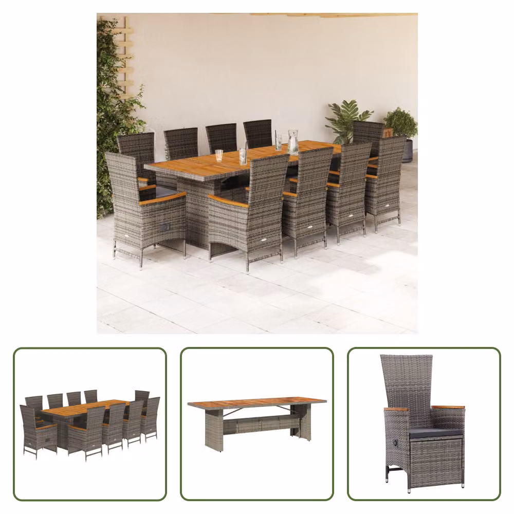 The Living Store Set da pranzo da giardino 11 pezzi con cuscini in poly rattan grigio