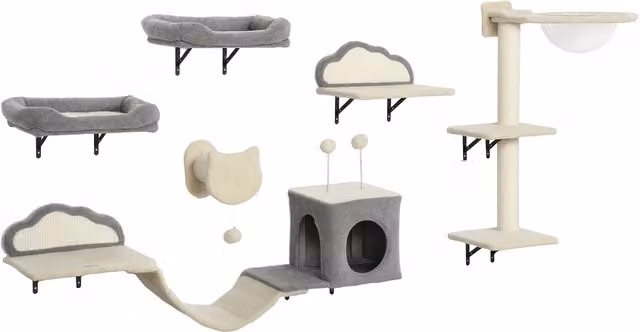 Set di 6 mensole da parete per gatti PawHut con amache, tiragraffi e lettini, Beige – 1