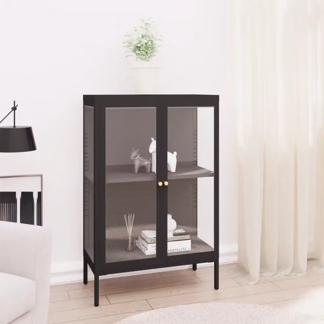 Credenza-Buffet-Armadio da cucina Nera 75x35x105 cm in Acciaio e Vetro