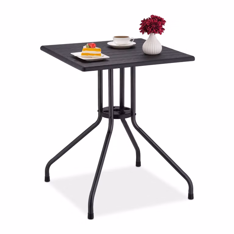 Tavolo da giardino Relaxdays, dimensioni: 75x61x61 cm, tavolo da balcone effetto legno, plastica, metallo, tavolo da terrazza quadrato, nero