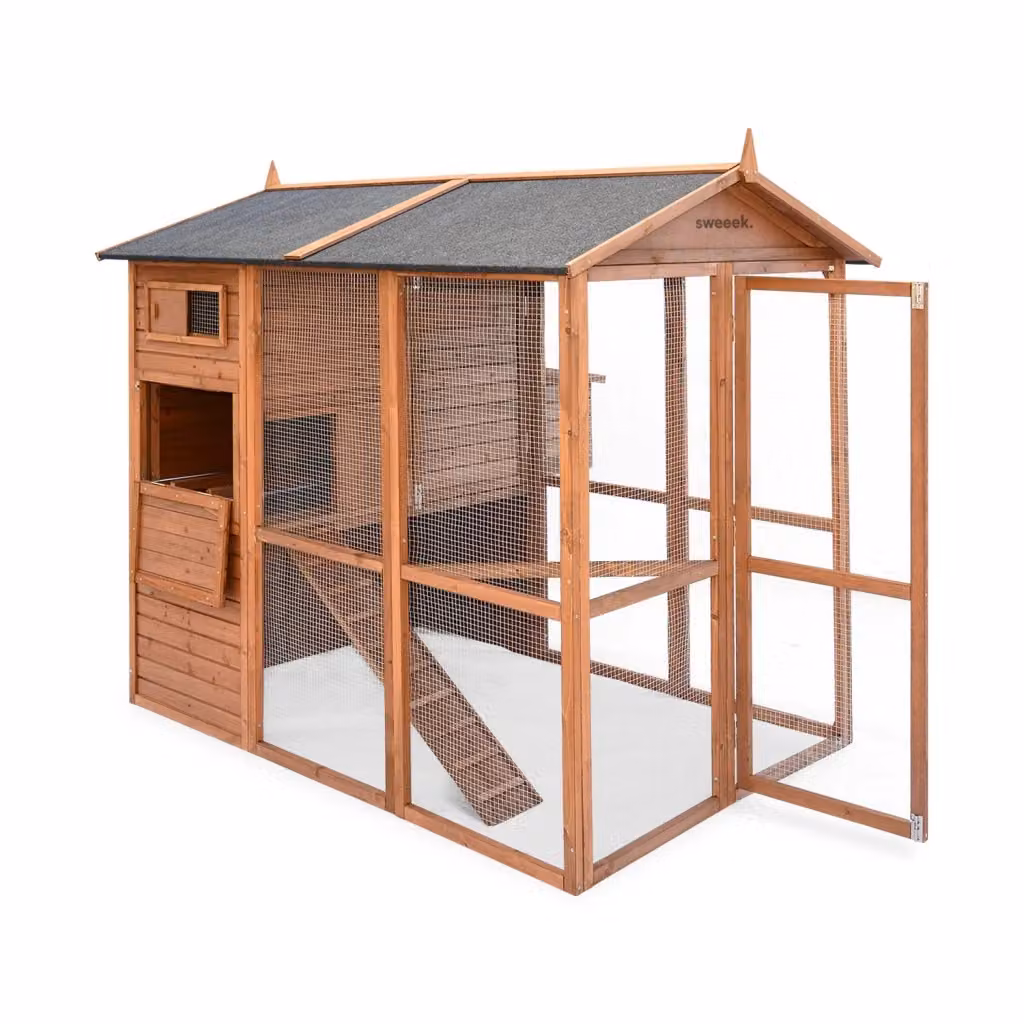 Pollaio Sweeek in legno e acciaio zincato con recinto, marrone naturale – 2