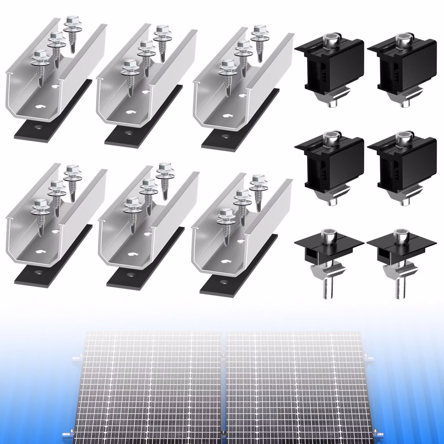 Supporto per pannelli solari fotovoltaici su tetto piano con lamiera grecata + morsetti regolabili per binario per 2 moduli