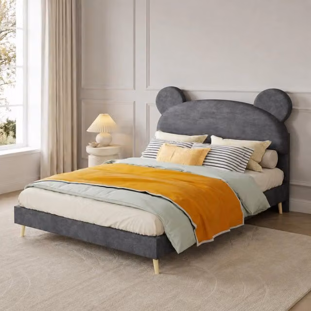 Letto per bambini imbottito 140x200 cm con testiera a orecchie d’orso in tessuto; grigio