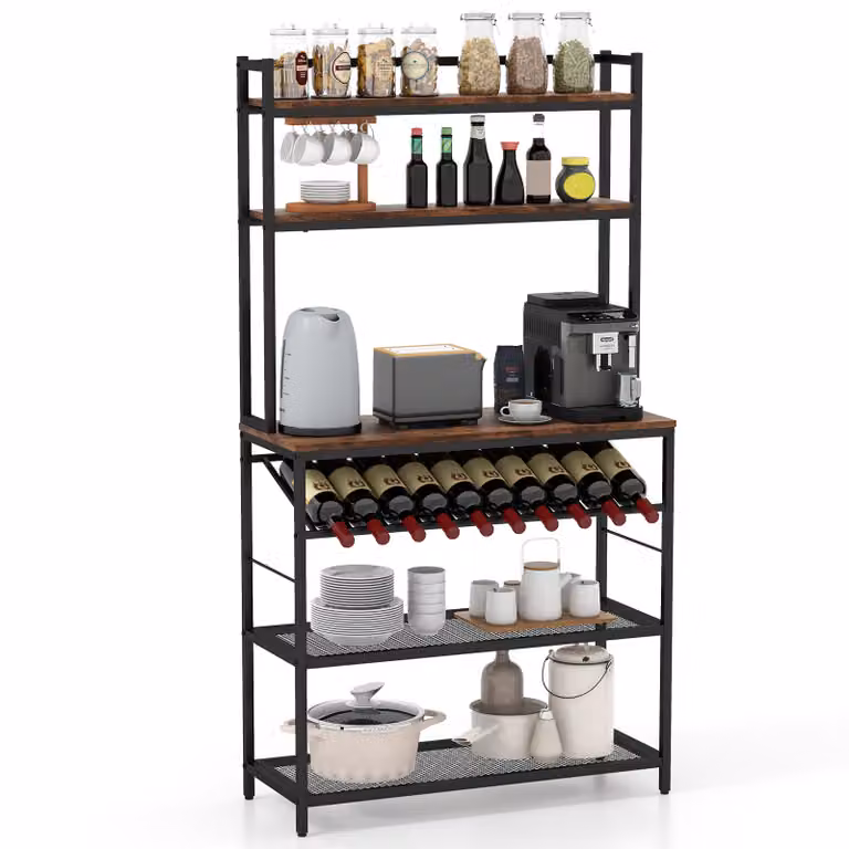COSTWAY scaffale da cucina verticale con portabottiglie fino a 10 bottiglie, piano di lavoro e 5 ripiani, scaffale verticale fino a 125kg