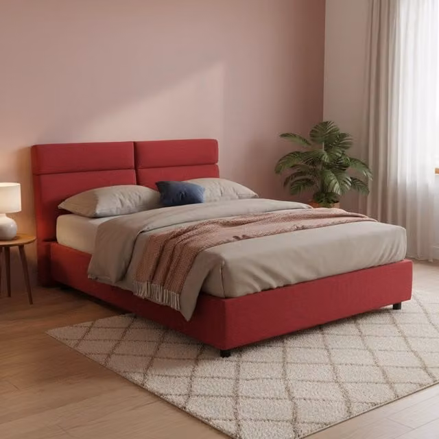 Letto Matrimoniale Asica DMORA con Materasso Incluso, Rivestimento in Tessuto Rosso e Nero, L/P/H: 160 x 200 x 114 cm