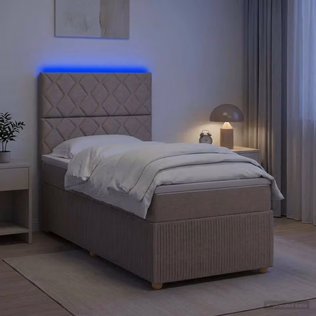 Letto Box Spring vidaXL con Materasso Ibrido e Illuminazione LED sotto il letto, Colore Grigio/Beige, L/P: 90 x 200 cm – 1