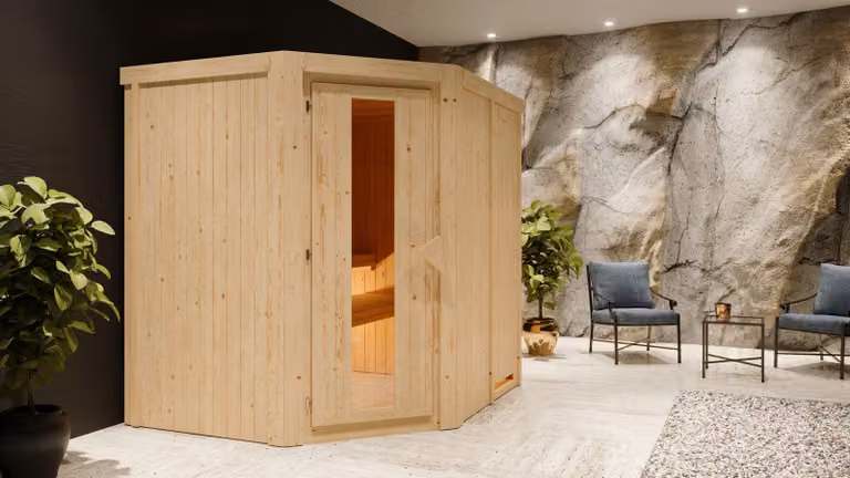 Sauna Karibu Siirin 68mm con stufa9kW porta esterna in legno