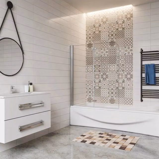 Sopravasca da bagno Aica Italy con due ante pieghevoli a libro in vetro temperato trasparente da 6 mm e telaio cromato lucido, H: 140 cm, L: 90 cm