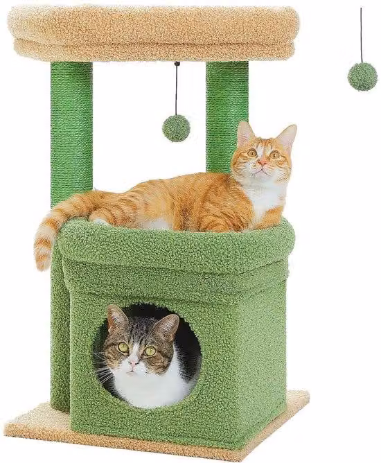 Ibenzoa®: Albero per gatti multistrato con 2 colonne in sisal, ampia cuccia imbottita per 2 gattini, base rinforzata e decorazioni verdi