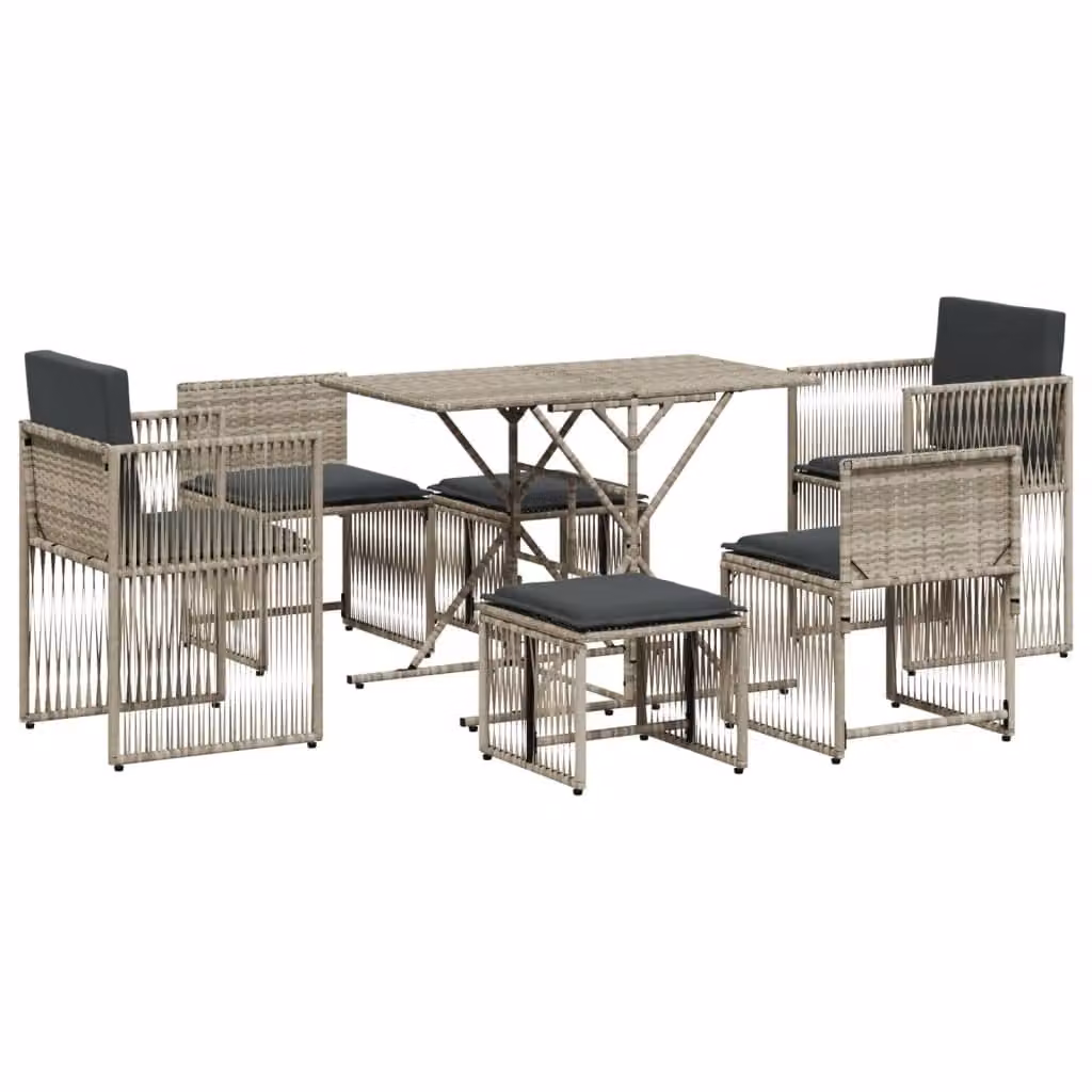 Set da Pranzo da Giardino 7 pz Cuscini Polyrattan Grigio Chiaro