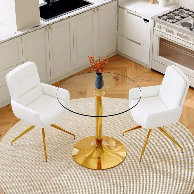 Set tavolo rotondo in vetro temperato Ø85 cm con 2 sedie girevoli in PU bianco e oro