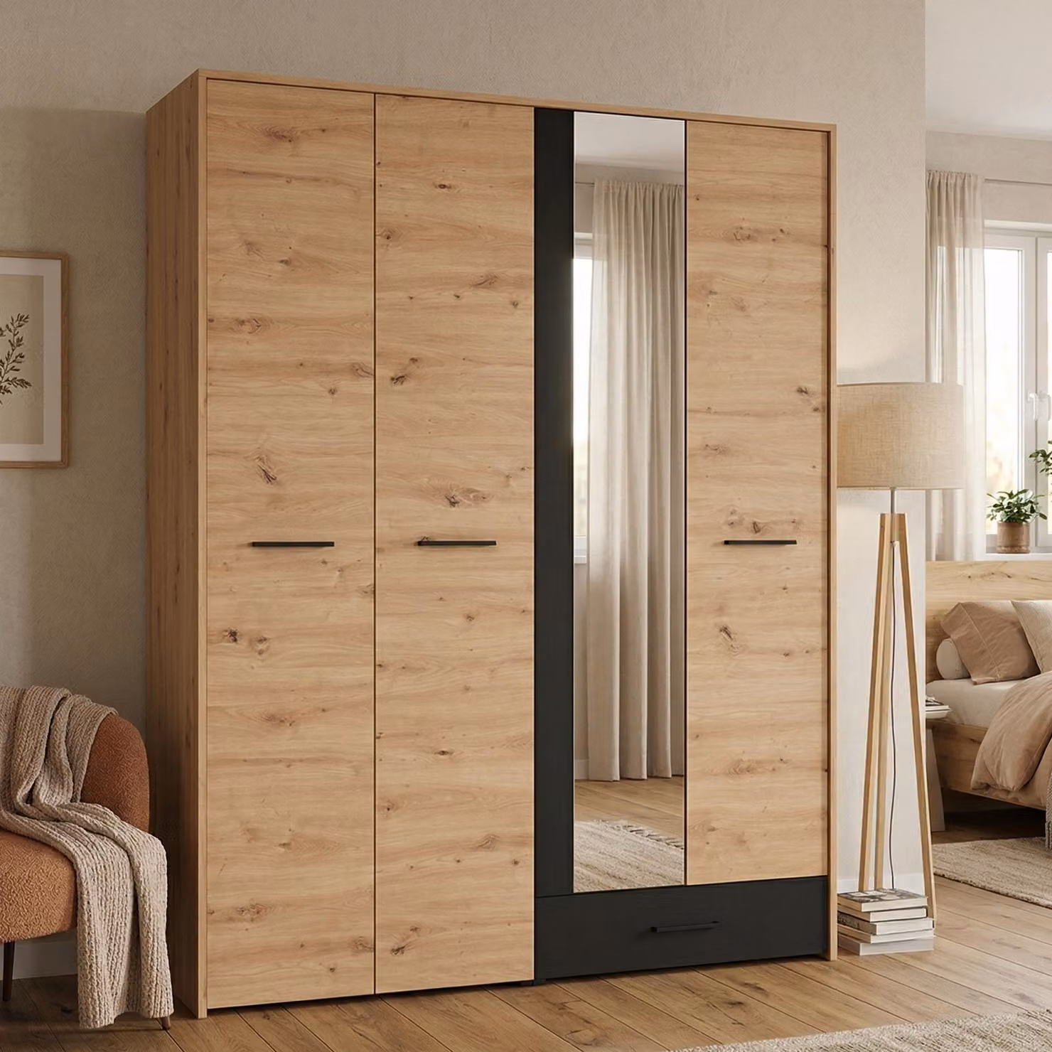 Dmora Guardaroba Grande Lisio 158x204h cm Marrone Rovere Nodi, un Cassetto 5 Ripiani