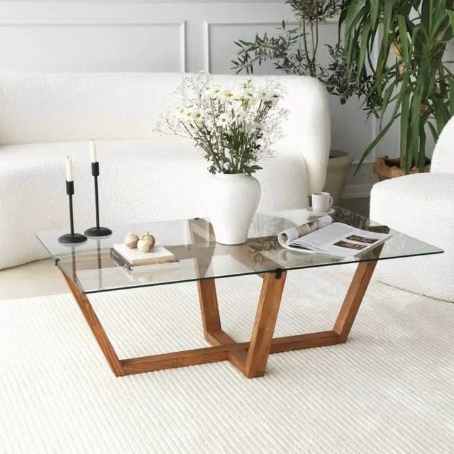 Tavolino da salotto moderno DMORA con piano in vetro trasparente e struttura a X, forma rettangolare, marrone, L: 105 cm, P: 65 cm, H: 35 cm – 1
