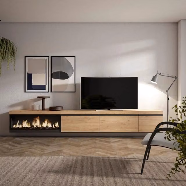 Mobile TV Soggiorno, 317x35x45cm, Camino elettrico XXL, da appendere, colore Rovere RF3675