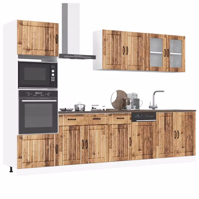 Set di mobili da cucina vidaXL Kalmar composto da 7 pezzi in legno vecchio marrone con ante in vetro e finitura opaca