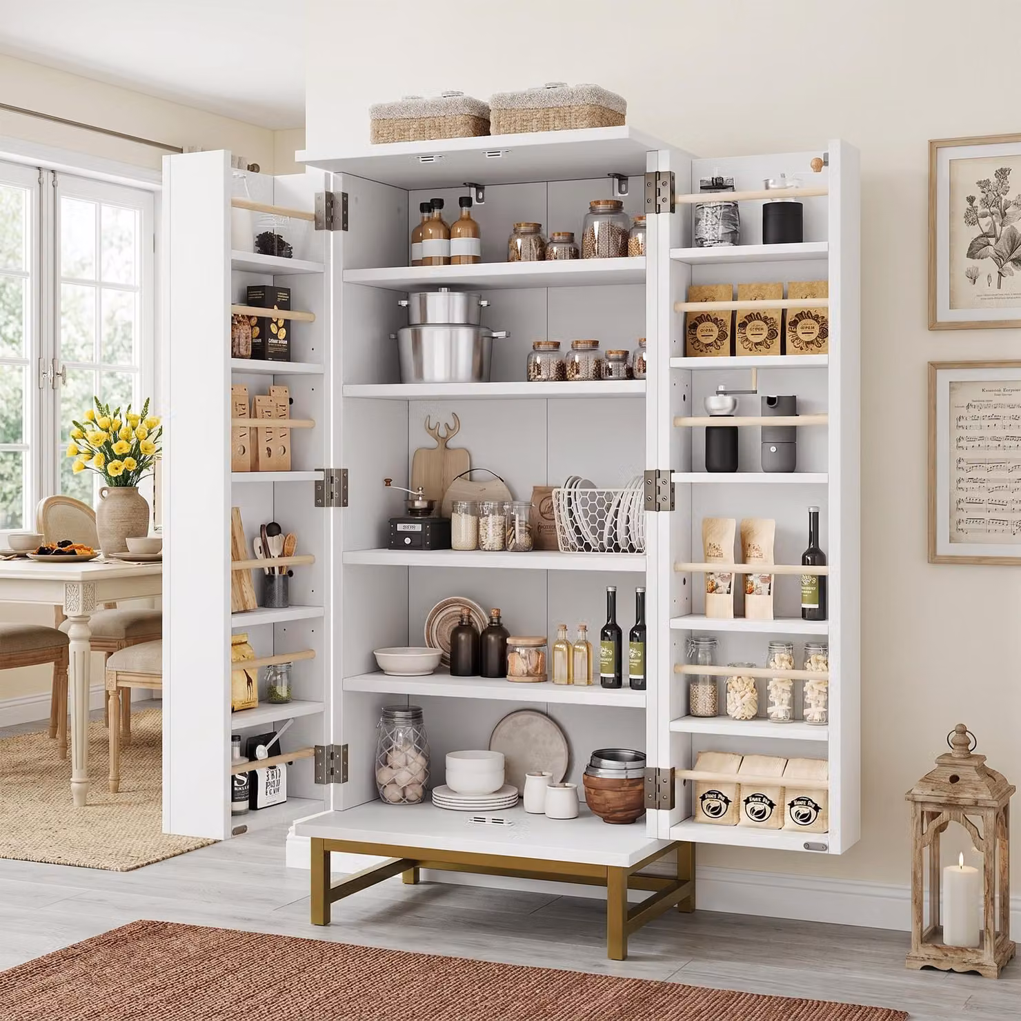Armadi da cucina Flieks da 130 cm con ripiani interni regolabili, mobili contenitori, credenza da 60x40x130 cm, colore bianco e oro