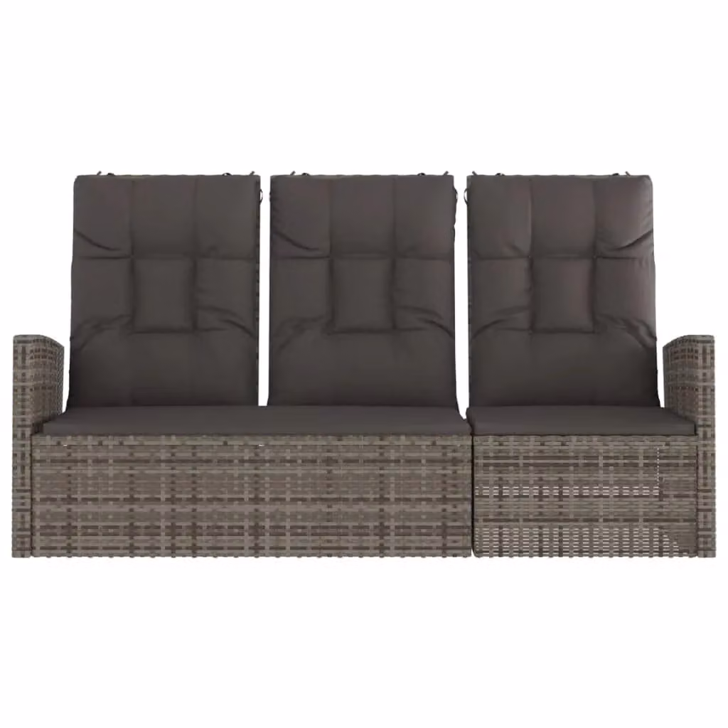 Panchina da giardino reclinabile HELLOSHOP26 in resina intrecciata e metallo con cuscini grigi per patio e terrazza L: 173 cm, P: 62 cm, H: 95 cm – 2