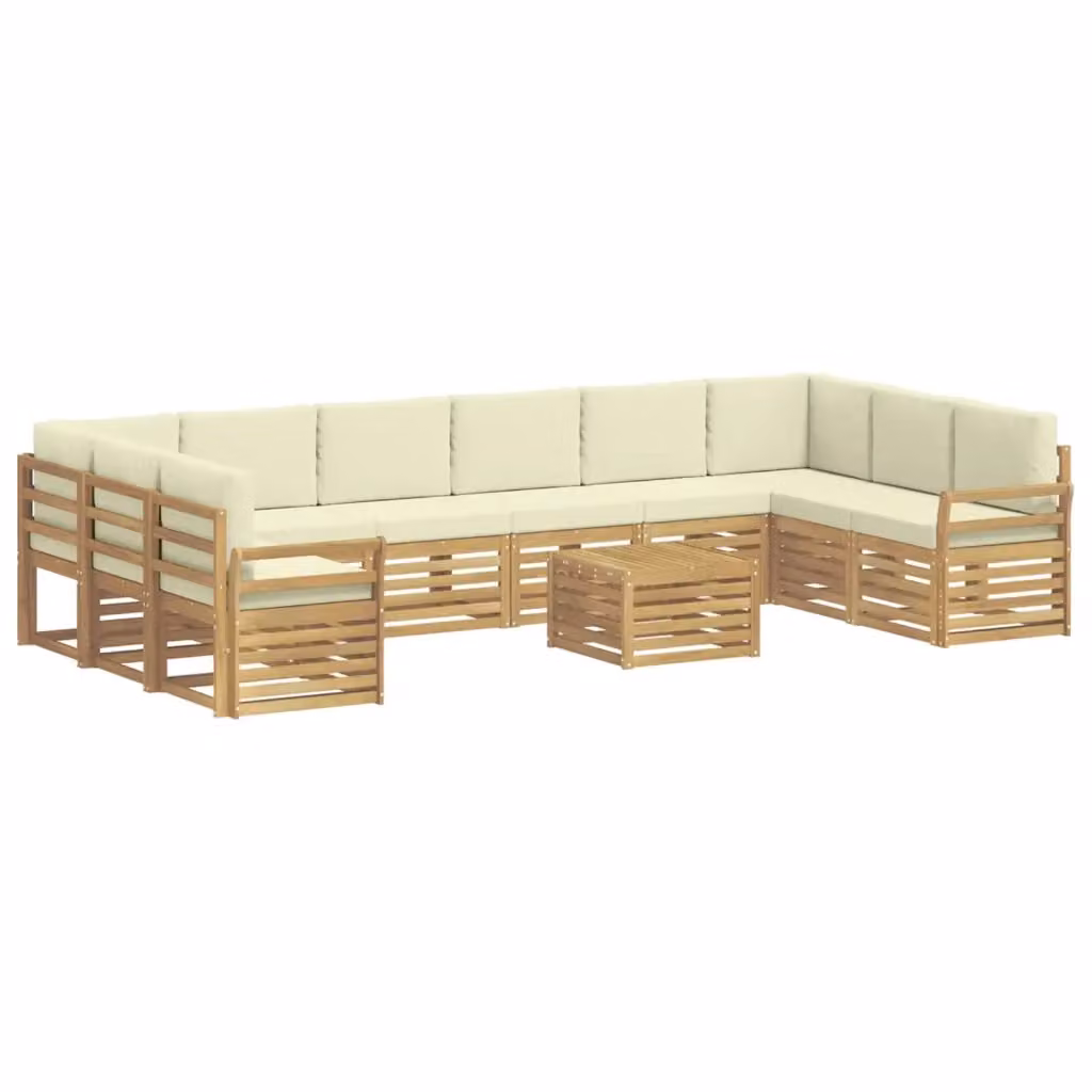 Set di divani da esterno vidaXL a forma di L composto da 11 pezzi con tavolo da caffè, in legno di acacia trattato e tessuto resistente ai raggi UV, colore bianco e beige – 2