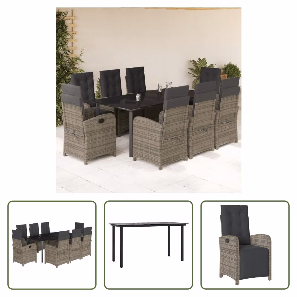 The Living Store Set da pranzo da giardino 9 pezzi con cuscini in poly rattan grigio