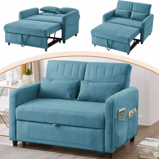 Divano letto 2 posti 166x95 cm estraibile; schienale regolabile; schiuma blu verde antico