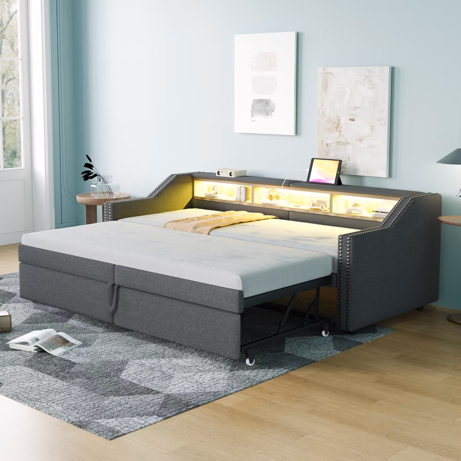 Letto imbottito Sweiko Divano letto allungabile 90/180 x 200 cm, contenitore multifunzionale, luce LED e presa USB, con rete a doghe, grigio scuro