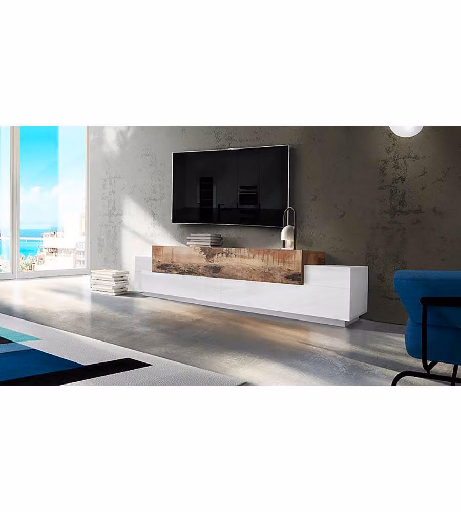 Porta Tv Corona Moderno 240 Bianco Lucido E Acero Pereira