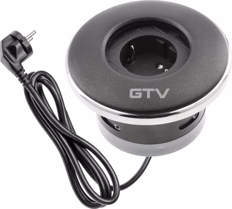 GTV - Presa da incasso per mobili SHUTTER, presa da incasso, 1 presa Schuko, con pratico coperchio, lunghezza cavo 1,5 m, colore nero, per scrivanie, piani tavolo, cucine e uffici