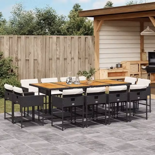 Set da Pranzo da Giardino 13pz con Cuscini Nero in Polyrattan 3278174