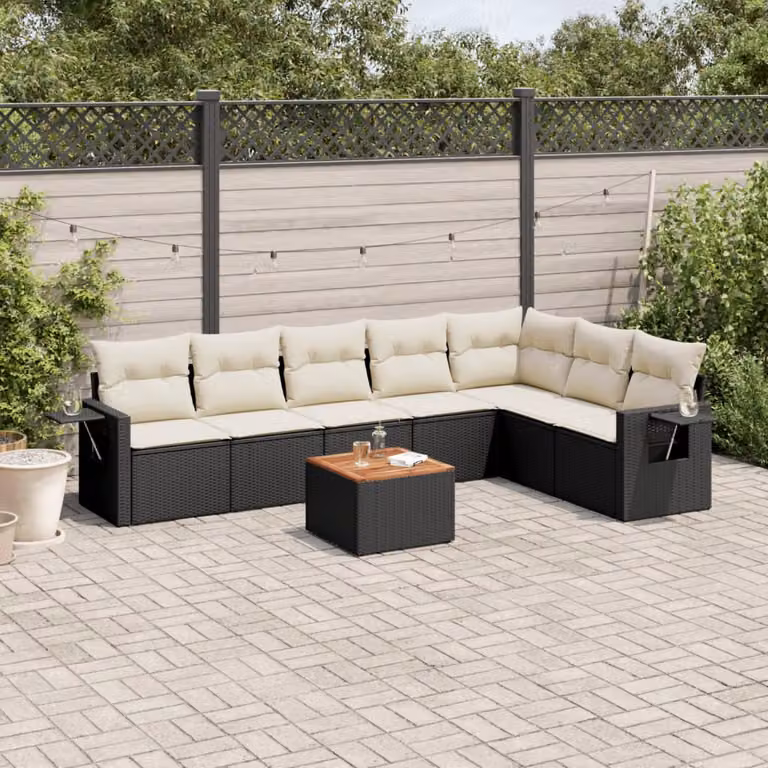 vidaXL Set Divani da Giardino a L con Cuscini 8 pz in Polyrattan Nero e Bianco