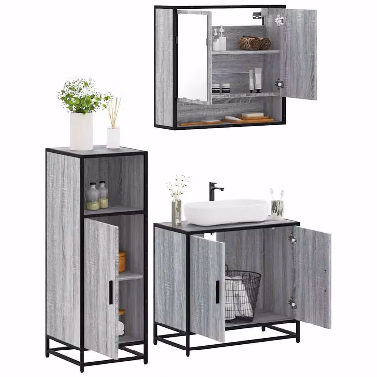 Set di mobili da bagno industrial vidaXL in 3 pezzi colore grigio con legno, metallo e vetro, comprensivo di mobile lavabo, armadietto con specchio e mobile laterale