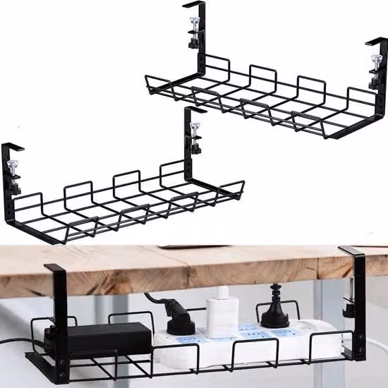 Set di 2 box di gestione cavi in metallo nero per sotto scrivania con scomparti multipli