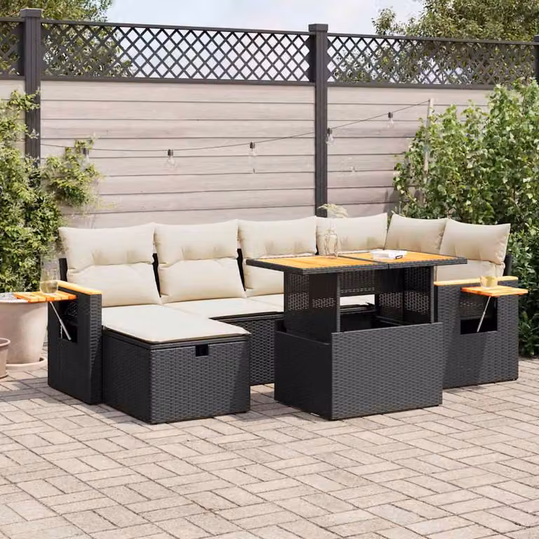 Set di divani da giardino vidaXL a forma di L con 8 pezzi, colore nero, in polyrattan con cuscini inclusi e struttura in acciaio e legno di acacia