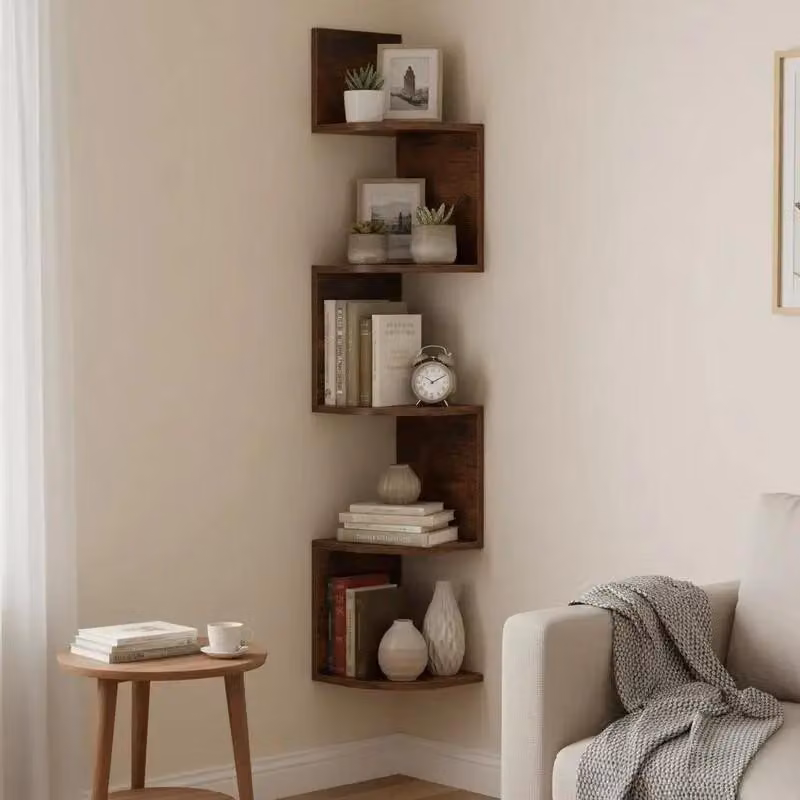 Mensola angolare a 5 ripiani, sospesa, per libri, da montare a parete, organizer, color marrone rustico