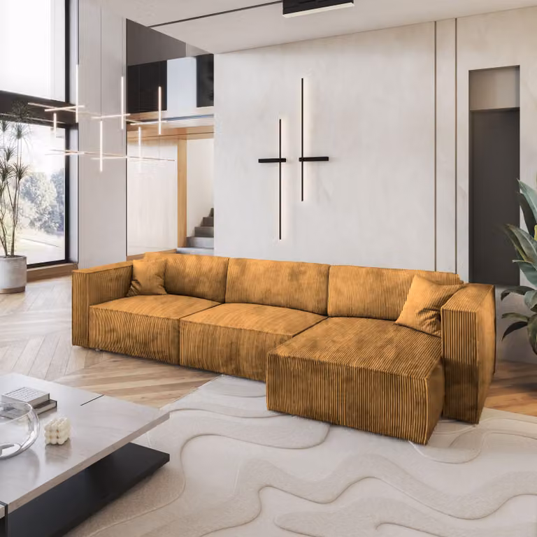 Divano angolare TOLMO P di Masseno con funzione letto a L, divano con box letto, divano da soggiorno, divano, divano letto, set di divani - giallo, POSO 01