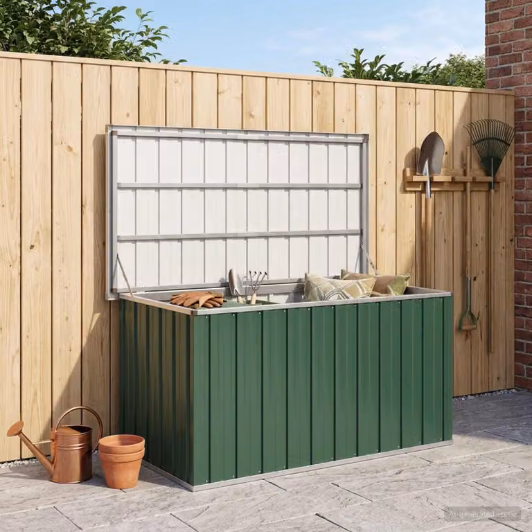 Baule da giardino vidaXL verde in metallo e plastica L: 129 cm, P: 67 cm, H: 65 cm